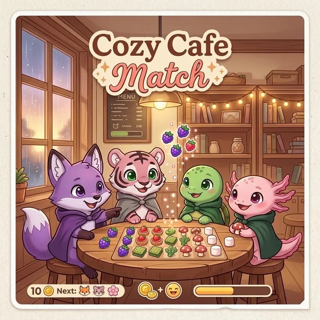 Game cover: Cozy Cafe Match — warm cafe scene with snack tiles to match and cosy art