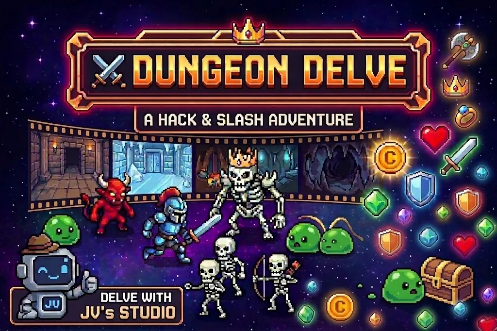 Game cover: Dungeon Delve — a dungeon RPG with monsters, loot, and torch-lit corridors