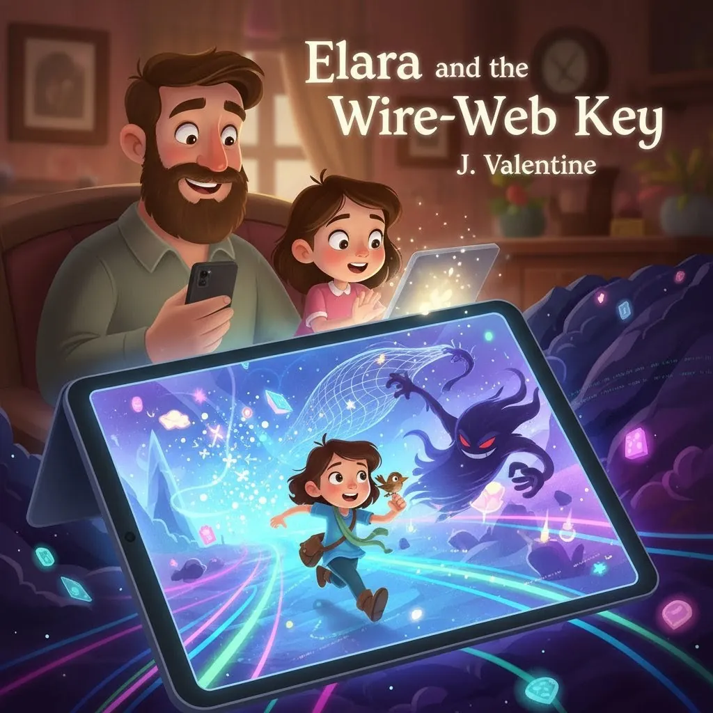 Book cover: Elara holding a glowing key as she enters the Wire-Web, a vivid digital world