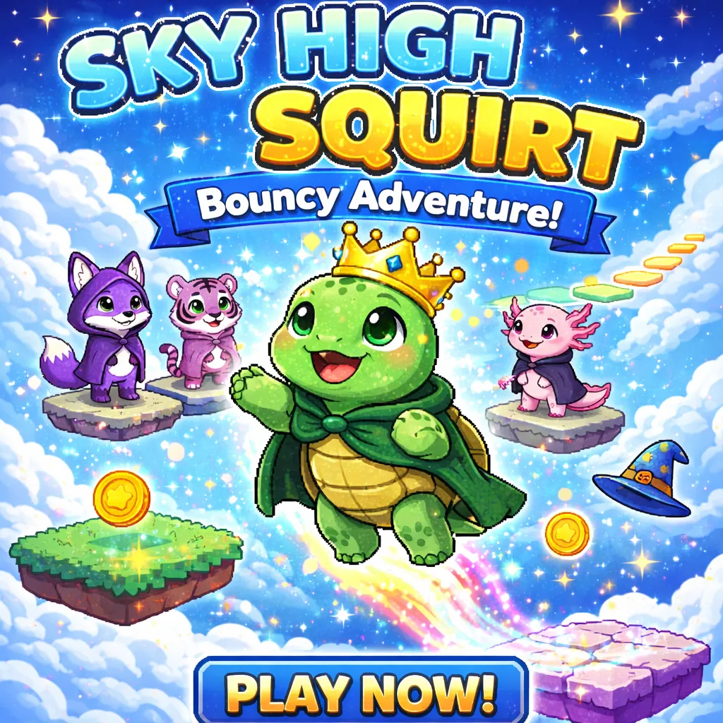Game cover: Sky High Squirt — a cheerful character launching skyward through colourful platforms