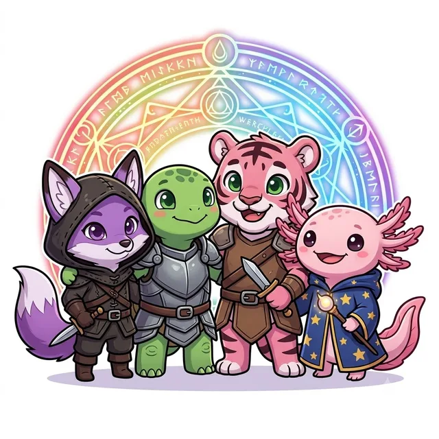 The JVDesignStudio crew together: Lumo, Ember, Echo, Pip and Stardust under a rainbow arch