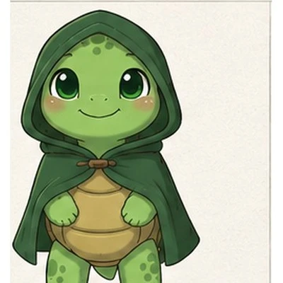 Pip the small green turtle, gentle and courageous, with a mossy shell