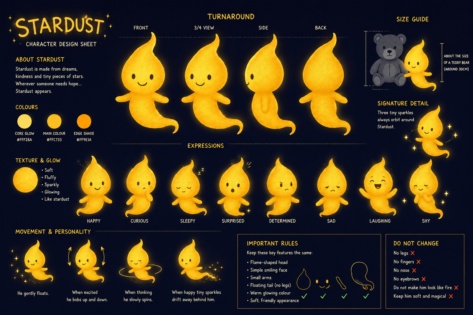 Stardust looking worried, floating with a dim glow