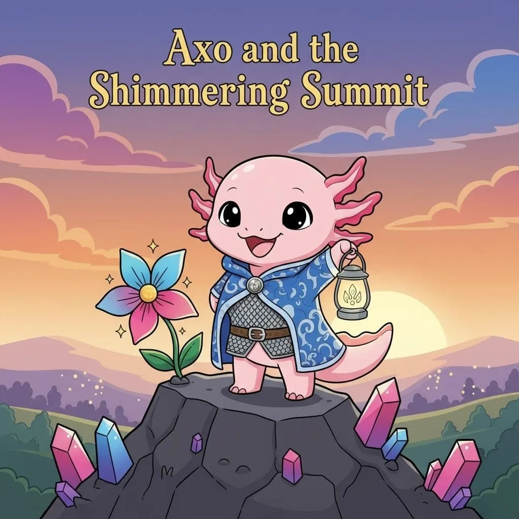 Book cover: Echo the axolotl taking small steps up a towering mountain, one choice at a time